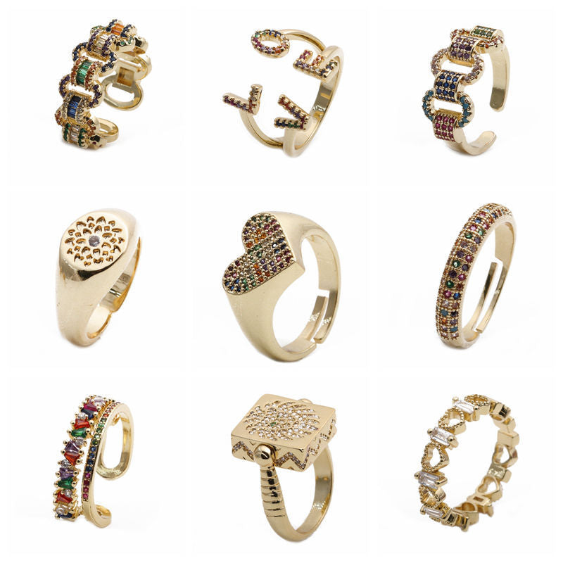 Colorful Zircon Jewelry Micro Setting Gold Adjustable Ring Women