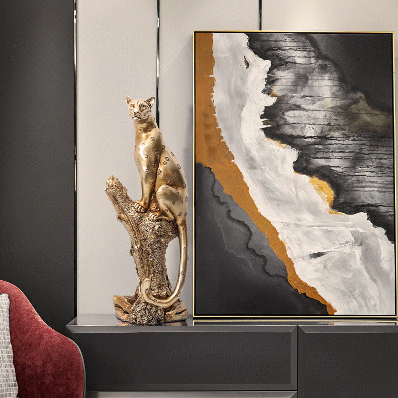 Abstract Gold Panther Sculpture Geometric Resin Leopard Statue Home Office