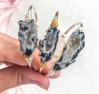 Agate Bead Wrapped Gold And Silver Cuff Bracelet