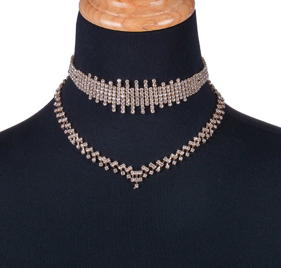 Rhinestone irregular double choker necklace necklace