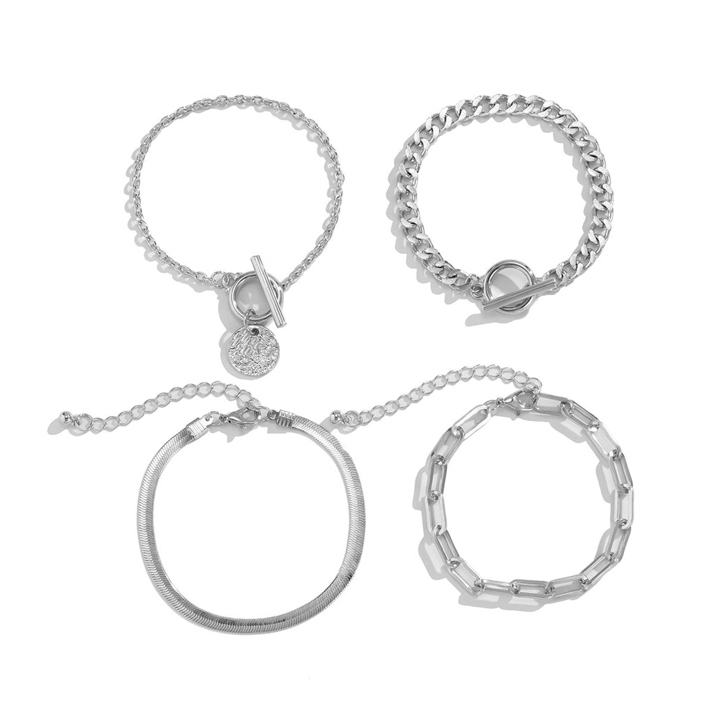 Punk Metal Chain Bracelet 4-Piece Set  Hollow Geometric Flat Snake Bone Cuff  Edgy Hip-Hop Jewelry In Gold & Silver
