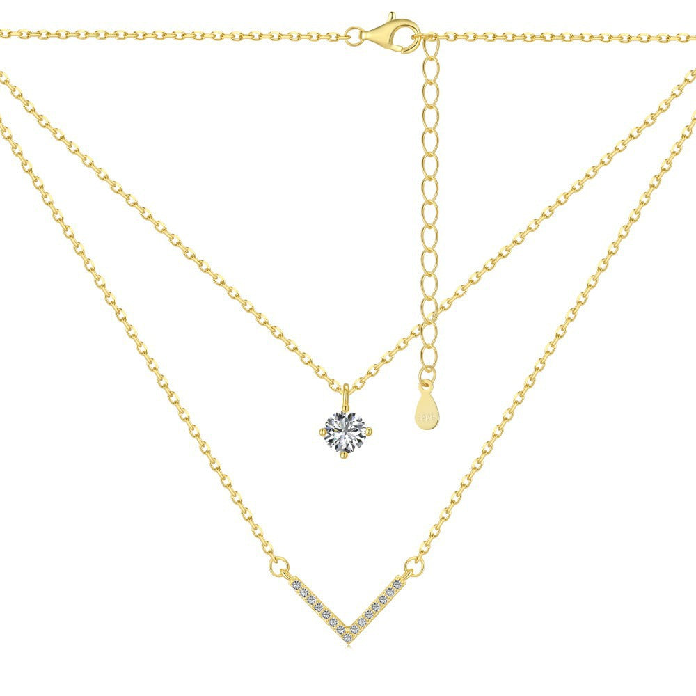 S925 Sterling Silver Plated 18K Gold Necklace Double Layered V-shaped Pendant