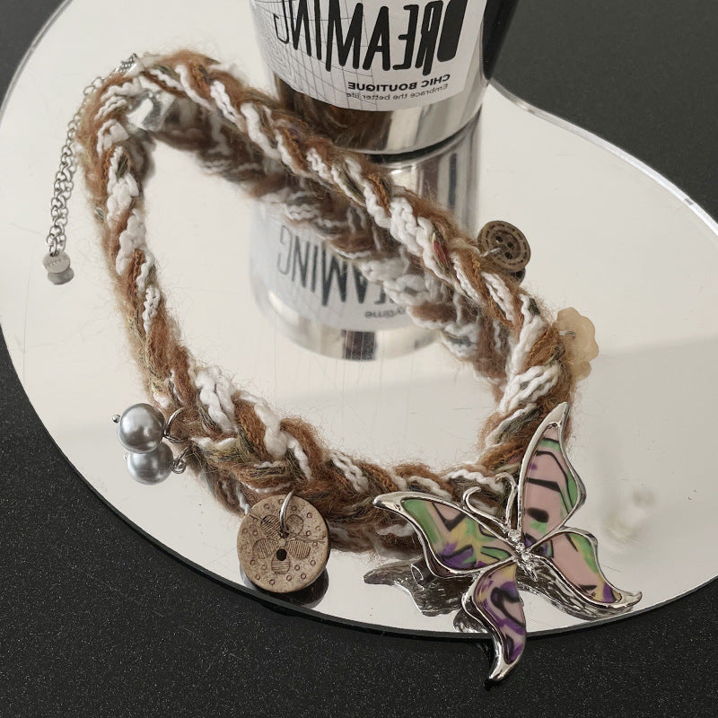 Maillard Wool Choker Butterfly Button Necklace