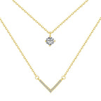 S925 Sterling Silver Plated 18K Gold Necklace Double Layered V-shaped Pendant