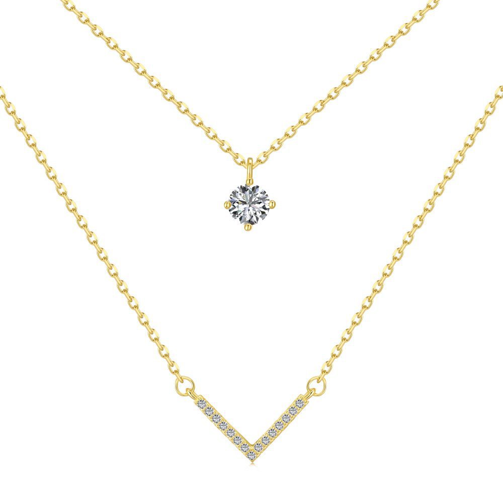 S925 Sterling Silver Plated 18K Gold Necklace Double Layered V-shaped Pendant