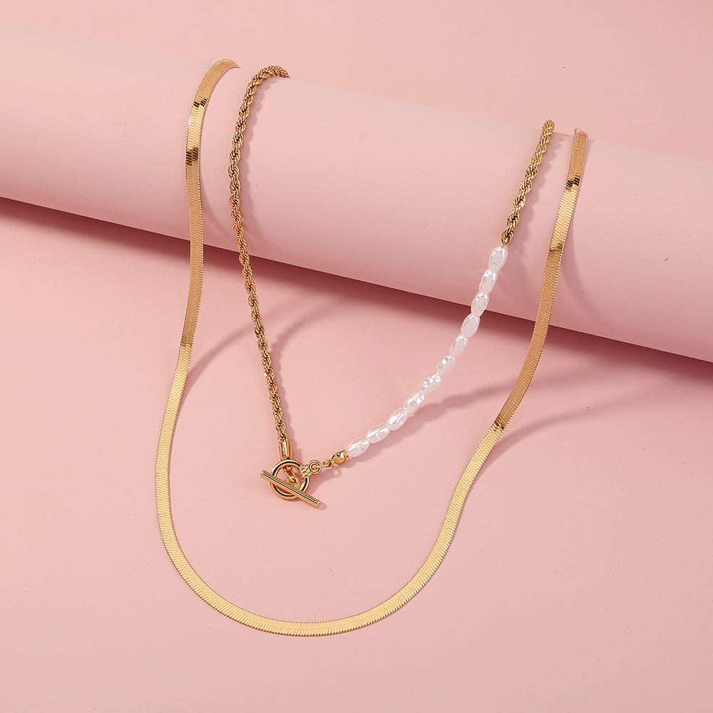 European and American ins minimalist style jewelry wild OT buckle double layered clavicle chain flat gold wire chain retro pearl necklace