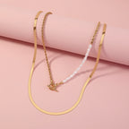 European and American ins minimalist style jewelry wild OT buckle double layered clavicle chain flat gold wire chain retro pearl necklace