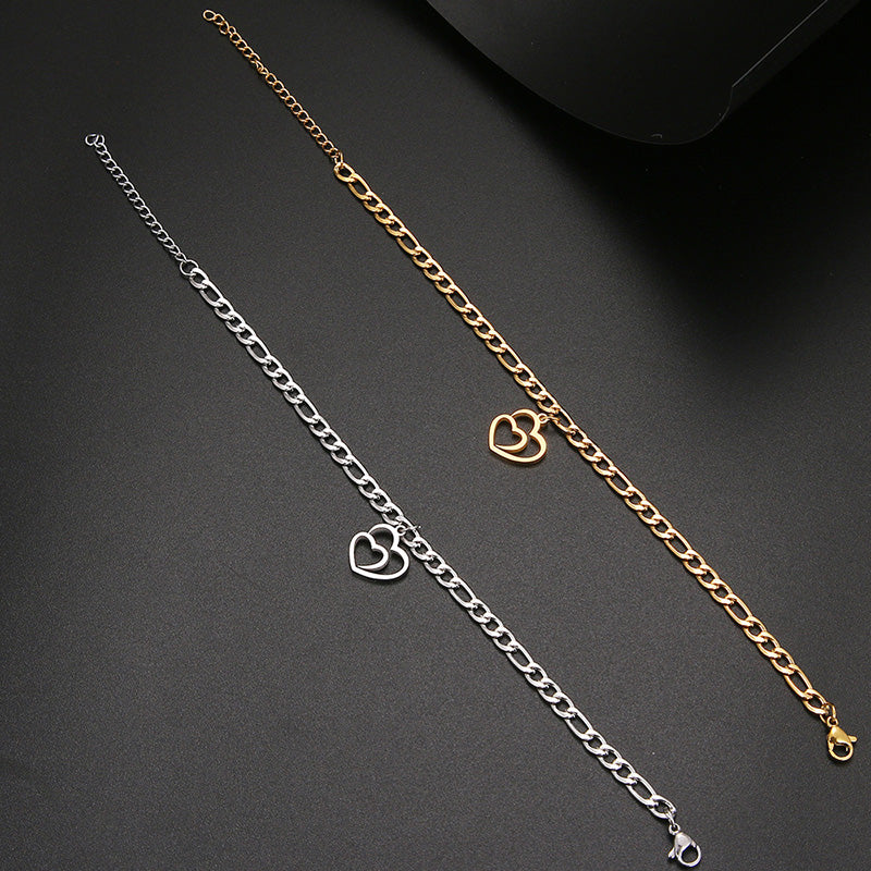 Stainless Steel Double Heart Charm Gold Chain Bracelet
