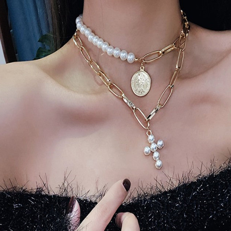 Luxury Design Imitation Pearls Choker Necklace Female Cross Pendant Necklaces for Women Gold Color Fashion Coin Jewelry