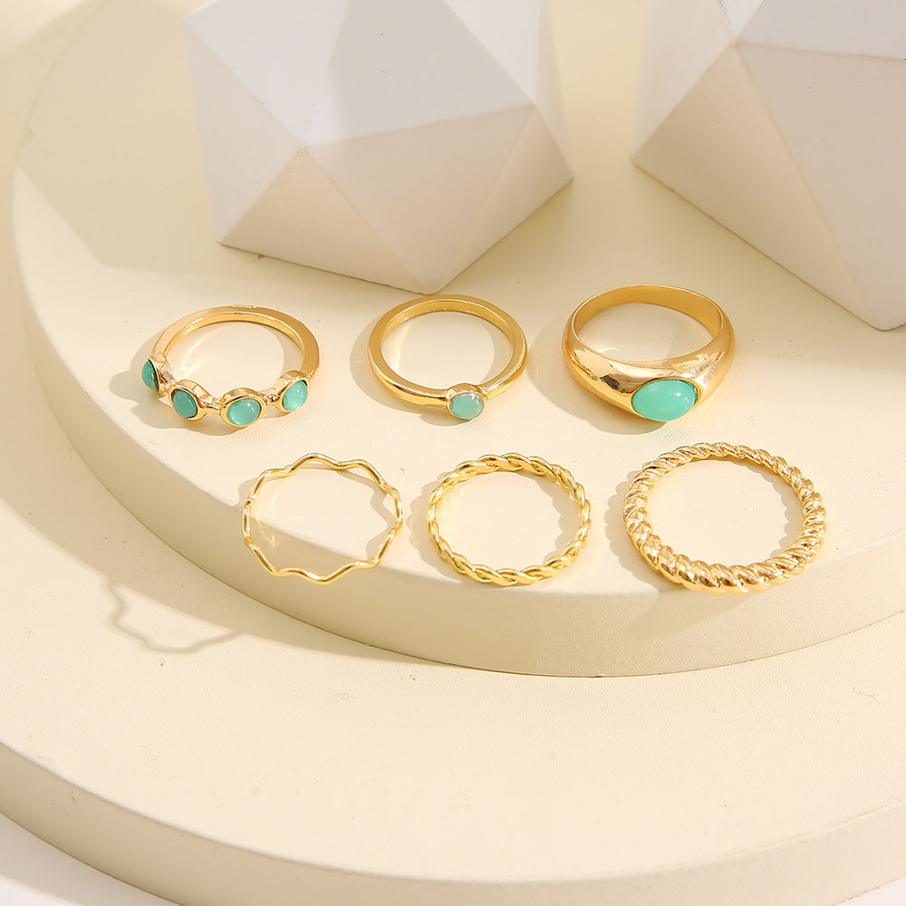 Boho Vintage Gold Geometric Emerald Statement Ring Set