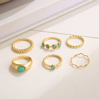 Boho Vintage Gold Geometric Emerald Statement Ring Set