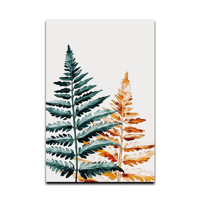 Simple Green Tropical Plant Gold Green Leaf Wall Art Oil Painting