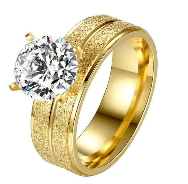 Stainless Steel Statement Ring Set Round Zircon Gold Women's Hand Jewelry