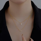 S925 Sterling Silver Plated 18K Gold Necklace Double Layered V-shaped Pendant