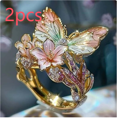 Adjustable Elegant Transparent Crystal 3D Shining Diamond Drop Oil Butterfly Flower Ring For Women Aesthetic Gold Plated Cute Animal Insect Fashion Jewelry
