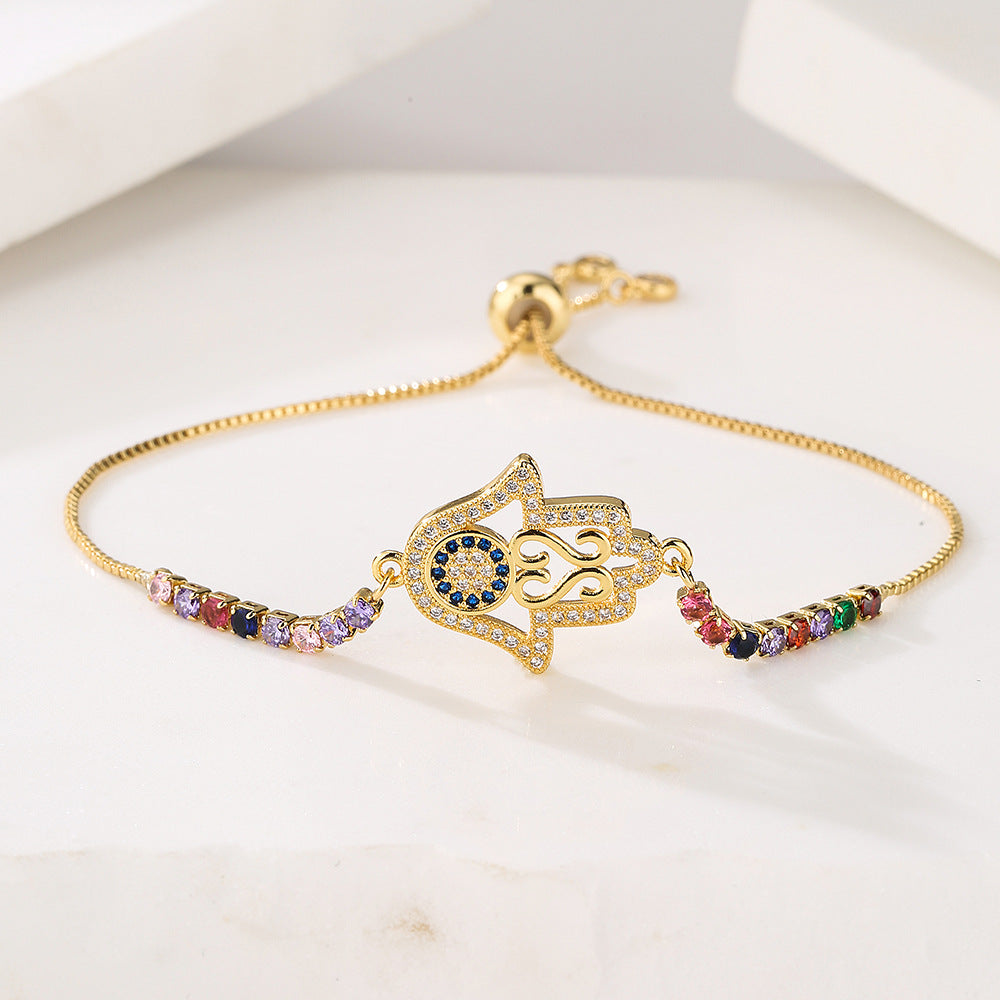 Gold Zircon Fatima Hand Geometric Charm Bracelet
