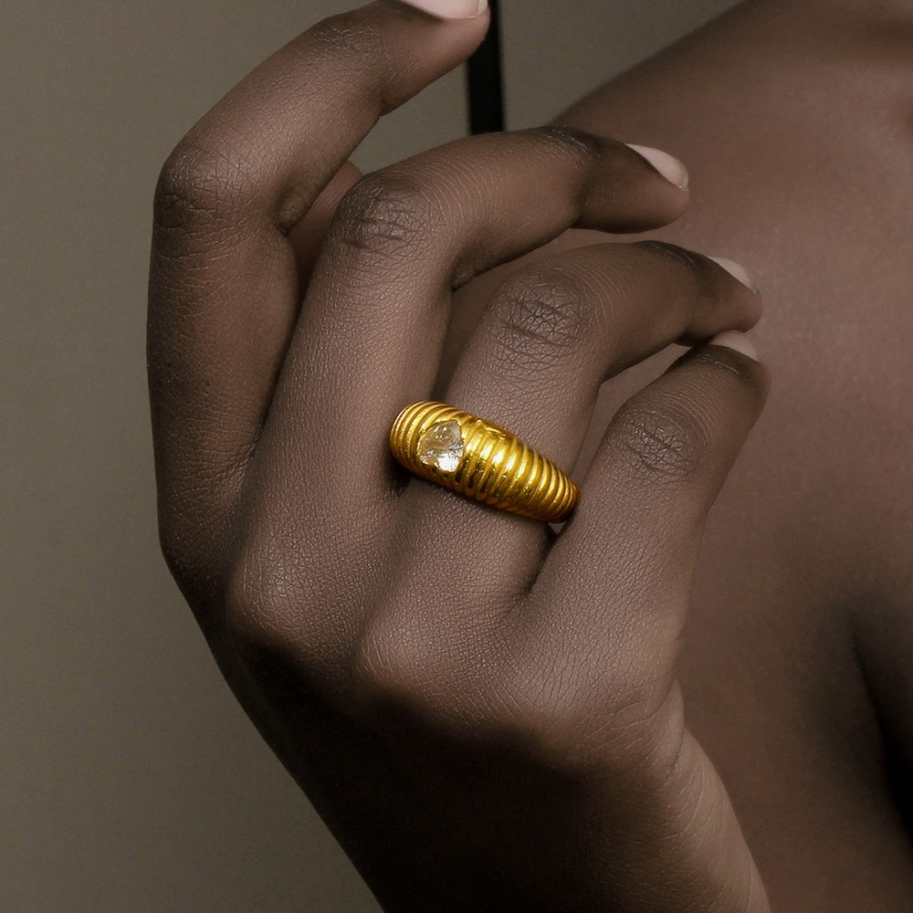 Stainless Steel 18K Gold Plating Bread Love Beating Pattern Signet Ring