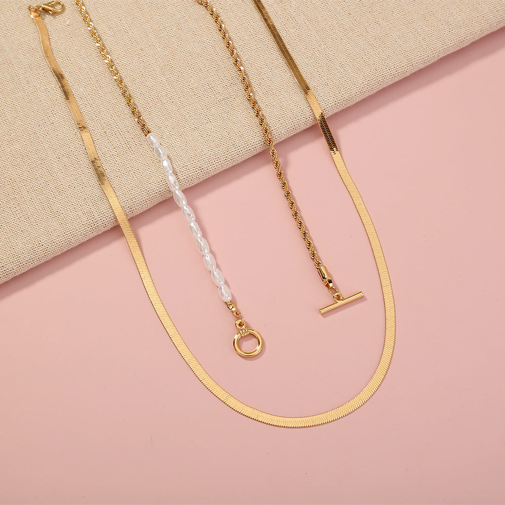 European and American ins minimalist style jewelry wild OT buckle double layered clavicle chain flat gold wire chain retro pearl necklace