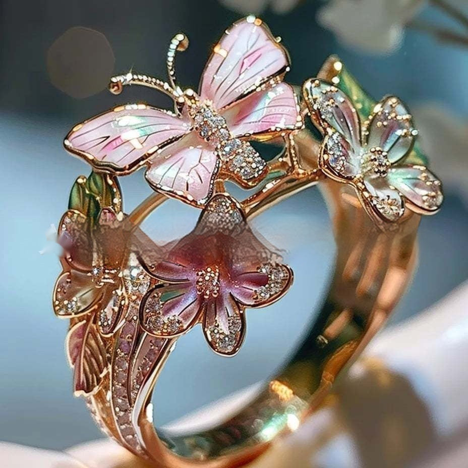 Adjustable Elegant Transparent Crystal 3D Shining Diamond Drop Oil Butterfly Flower Ring For Women Aesthetic Gold Plated Cute Animal Insect Fashion Jewelry