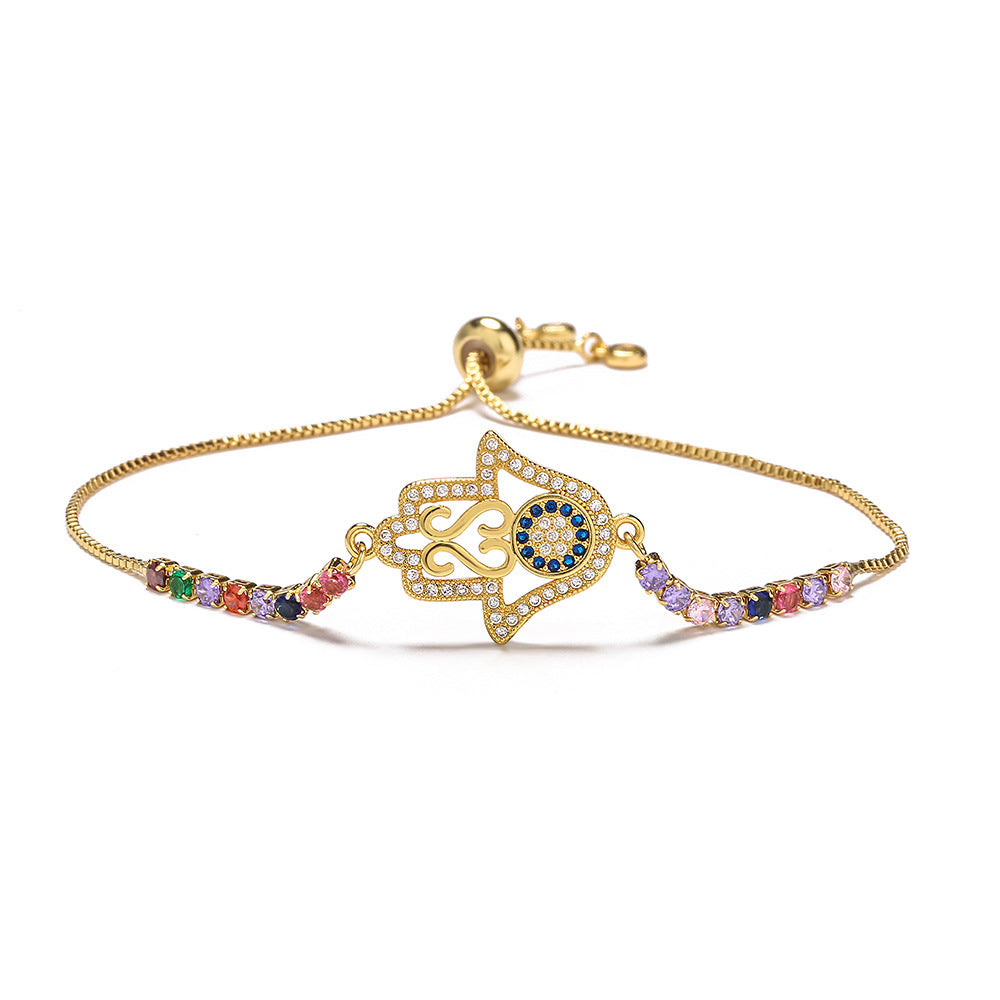 Gold Zircon Fatima Hand Geometric Charm Bracelet