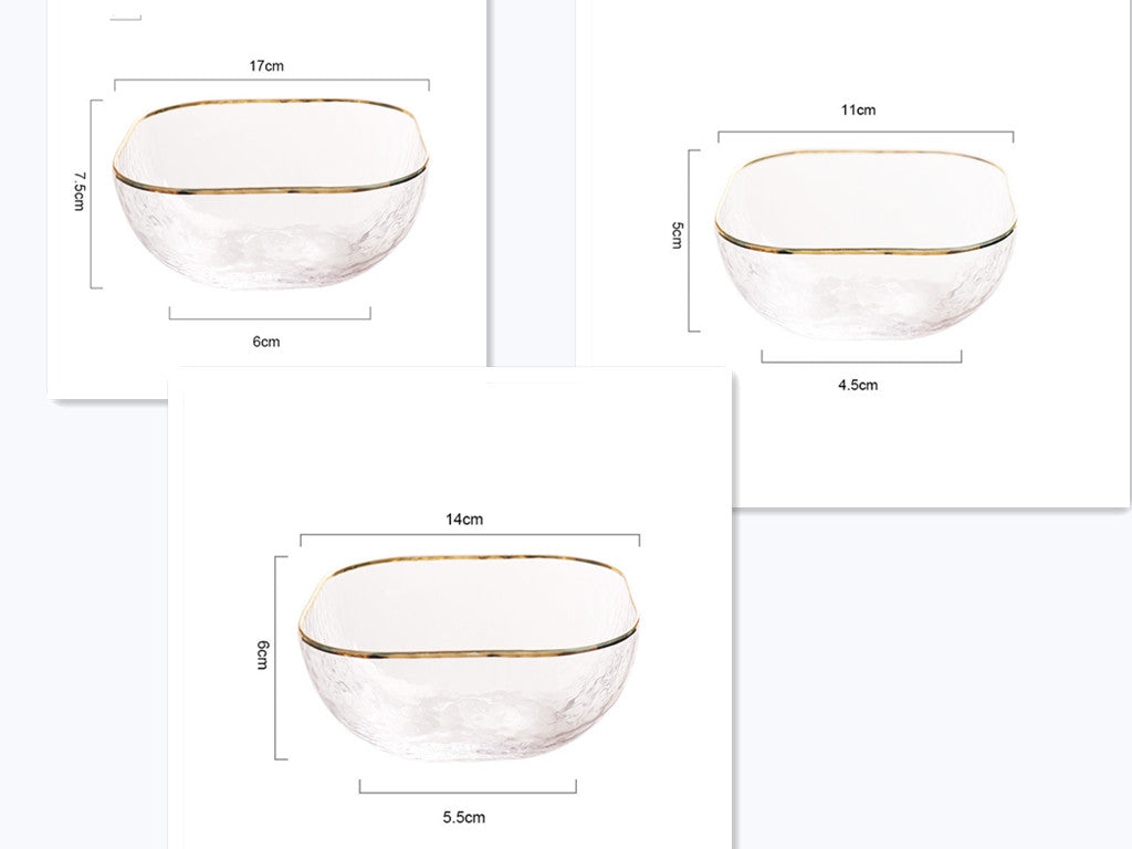 Quadrangle Glass Bowl Salad Bowl With Hammer Pattern In Gilt Edge