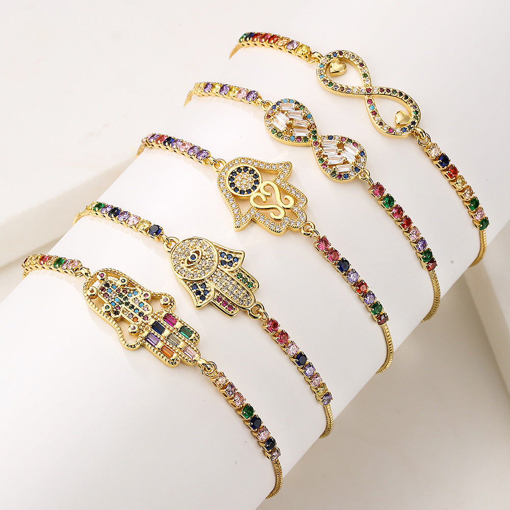 Gold Zircon Fatima Hand Geometric Charm Bracelet