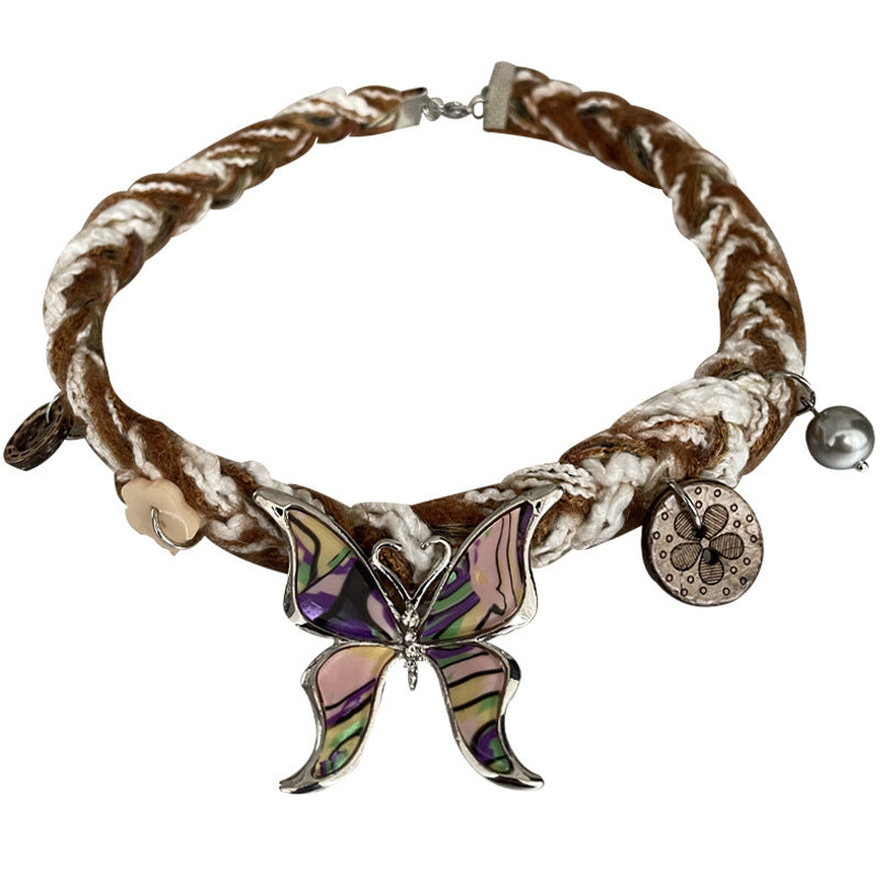 Maillard Wool Choker Butterfly Button Necklace