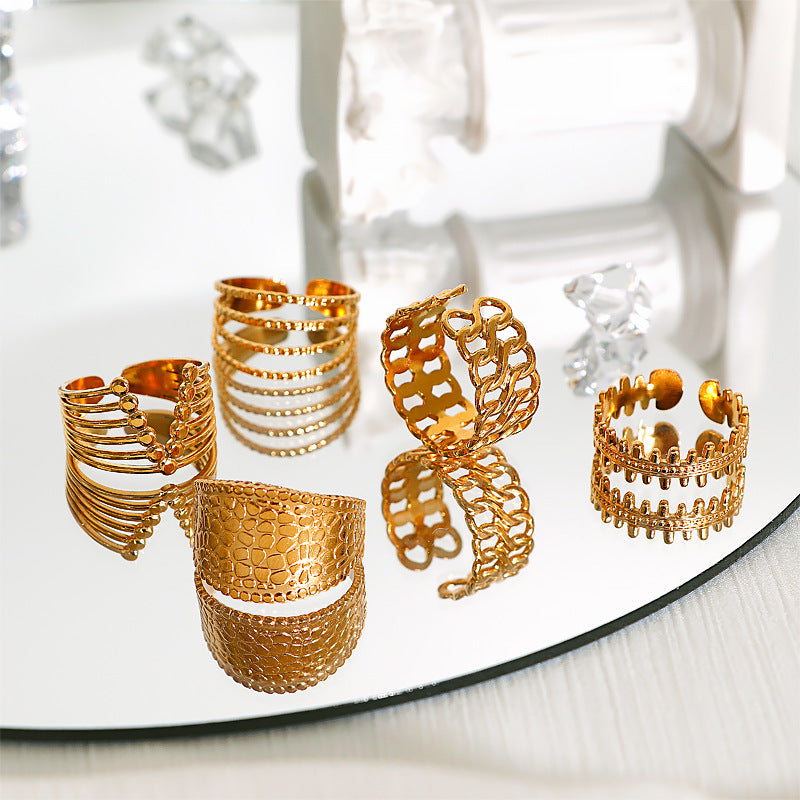 European And American 18K Gold Plating Pattern Pattern Adjustable Stainless Steel Ring