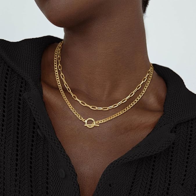 Double Layer Paperclip Chain Necklace - Geometric OT Clasp Layered Choker  Hip-Hop Style Stackable Gold Necklace For Women  Minimalist Dainty Layered Chains