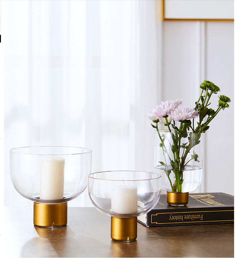 Simple High-grade Transparent Glass Candle Holder With Copper Ring