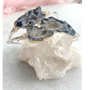 Agate Bead Wrapped Gold And Silver Cuff Bracelet