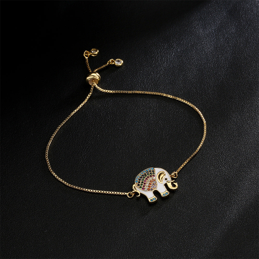 Dripping Zircon Elephant Charm Gold Bracelet Pull Adjustable